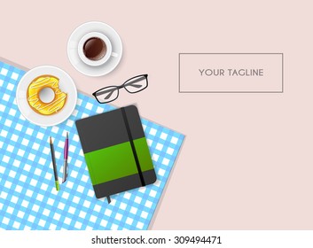 Vector illustration of Scene with notebook and coffee