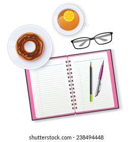 Vector illustration of Scene with notebook and tea