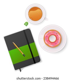 Vector illustration of Scene with notebook and tea