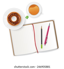 Vector illustration of Scene with notebook and tea