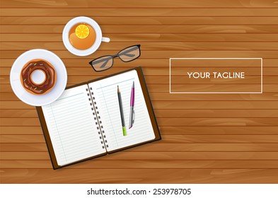 Vector illustration of Scene with notebook and tea