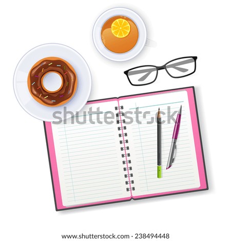 Vector illustration of Scene with notebook and tea