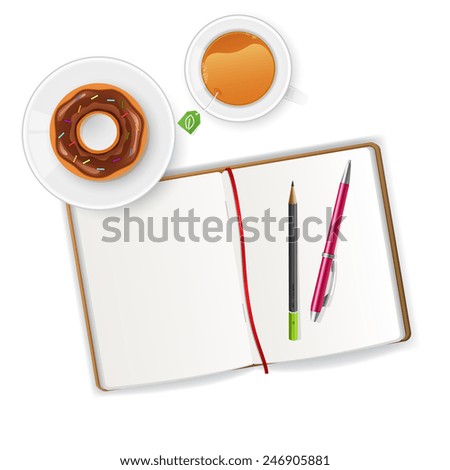 Vector illustration of Scene with notebook and tea