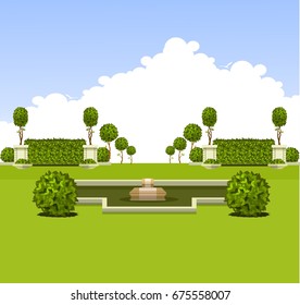 Vector illustration of a scene of a public recreation park garden plants of a bench