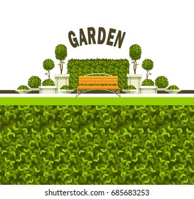Vector illustration of a scene of a public recreation park garden plants of a bench, grass cover, box