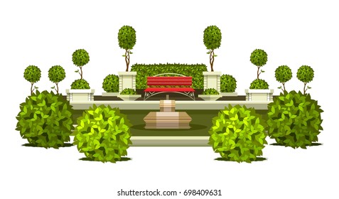 Vector illustration of a scene of a public recreation park garden plants of a bench