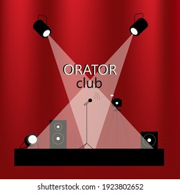 Imagen vectorial de una escena con fondo rojo, focos, altavoces, micrófono, cámara. EPS10.