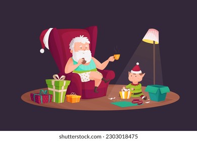Vector illustration of the scene: Santa on the couch drinking tea and the elf packing gifts for Christmas.