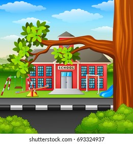 Vector illustration of Scene school building and tree branch