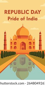 Vector illustration scene with Taj Mahal and inscription Republic Day Pride of India. Ideal for cards and banners for Republic Day celebration of unity and Indian identity