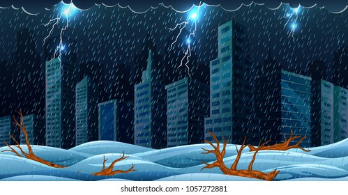 vector illustration of the scene with thunderstorm over the building and flooding