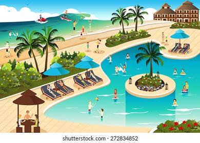 A vector illustration of scene in a tropical resort