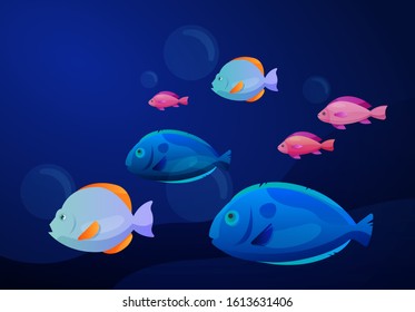 Vector illustration of scene of underwater sea or ocean life with collection of bright fishes