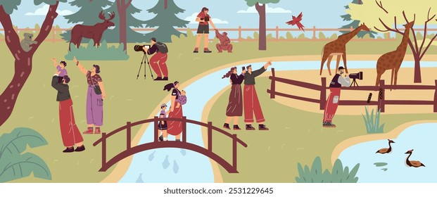 Vector illustration with a scene from the zoo: families and professional researchers observe wild animals and birds. Young people use a camera to capture wildlife