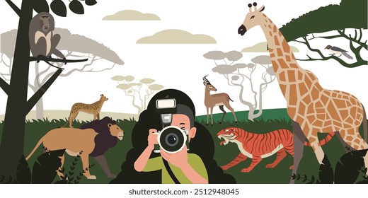 Ilustración vectorial de una escena en un zoológico donde la gente está fotografiando animales