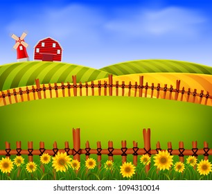 vector illustration of scenery beautiful farm with red barn and flower