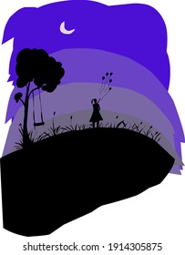 Vector illustration of scenery at night and a woman