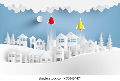 vector illustration scenery. rockets glide over small town. paper art design