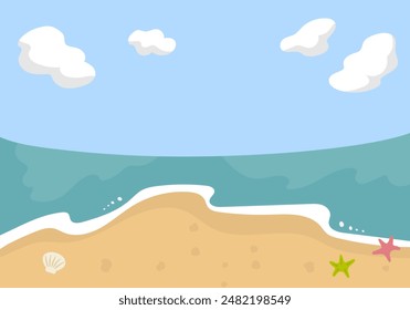 Vektorillustration der Landschaft des Himmels und des Meeres und des Sandstrandes mit einer Muschel und dem Seestern
