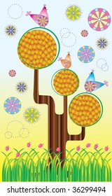 vector illustration scenery tree and bird