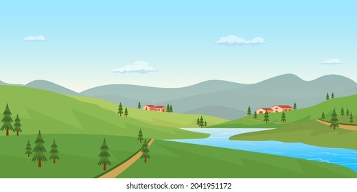 Vector illustration of scenic backdrop with lake and greenery