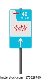 Vector illustration of the Scenic Drive 49 Mile road sign on metallic post