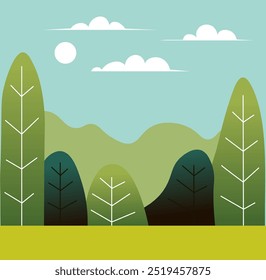 A vector illustration of a scenic forest landscape with trees and mountains in the background, created in a flat style with soft colors.