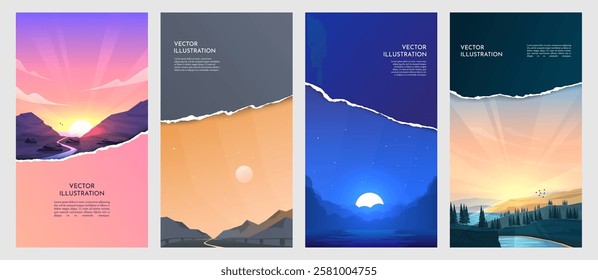 Vector illustration. Scenic landscape with mountains, forests, rivers and clear sky. Ripped paper with realistic shadow effect. Tranquil nature view. Design for flyer, vertical banner, stories