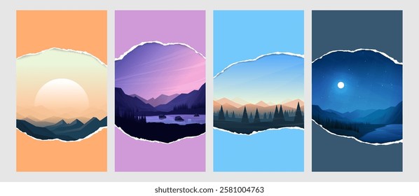 Vector illustration. Scenic landscape with mountains, forests, rivers and clear sky. Ripped paper with realistic shadow effect. Tranquil nature view. Design for flyer, vertical banner, stories