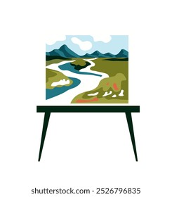 A vector illustration of a scenic landscape painting displayed on an easel, isolated on a white background. Flat style design.