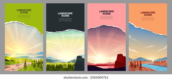 Vector illustration. Scenic landscape with torn paper effect. Colorful nature backgrounds with mountains, forests, rivers and colorful cler sky. Design for flyer, vertical banner, social media stories