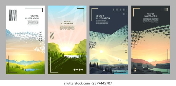 Vector illustration. Scenic landscapes set. Mountains by lake, woodland and clear sunny sky. Brush stroke overlay background. Design template for coupon, voucher, gift card, leaflet