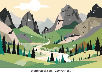 Vector Illustration of a Scenic Mountain View Landscape.