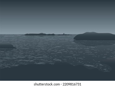 A vector illustration of a scenic ocean view in blue and grey. 