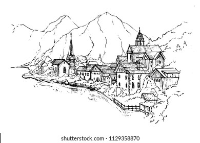 Vector Illustration of Scenic picture-postcard view of famous Hallstatt mountain village with Hallstaetter Lake in the Austrian Alps, region of Salzkammergut, Austria.Sketch