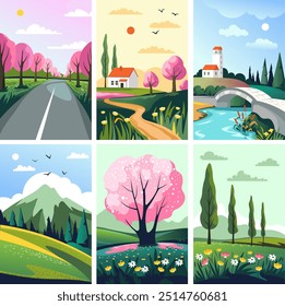 Vector illustration of a scenic road lined with cherry blossom trees in full bloom, under a sunny sky. Ideal for spring or nature-themed designs.
