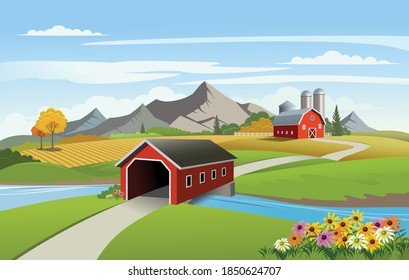 Vector Illustration Of Scenic Rural Landscape With Covered Bridge And Barn