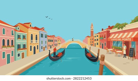 Vector illustration of a scenic Venice canal with colorful buildings, a stone bridge, gondoliers, and a cafe with outdoor seating.