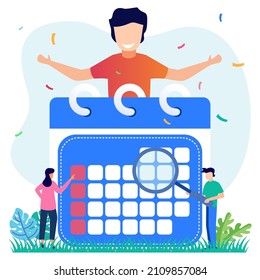 Vector illustration for schedule, agenda, time management concept. . Man with pencil pointing at event date and making schedule on calendar.