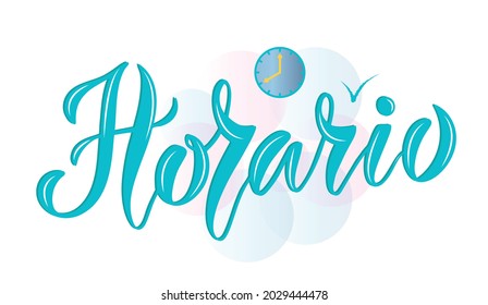 Vector illustration of Schedule text in Spanish for logotype, label, cover, banner, magazine, poster, decoration, postcard. Schedule calligraphy background. Schedule lettering. EPS 10.