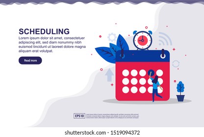 Vector illustration of scheduling & time management concept with tiny people. Illustration for landing page, social media content, advertising. easy to edit and customize.