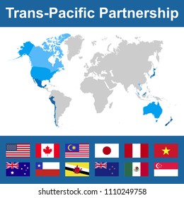 Vector illustration. A schematic map of the Trans-Pacific Partnership (TPP).