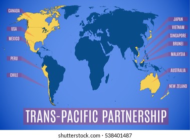 Vector illustration. A schematic map of the Trans-Pacific Partnership (TPP).