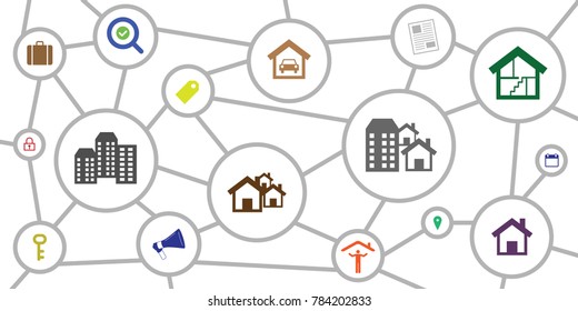 vector illustration of scheme with homes keys and locations for rental and buying real estate options