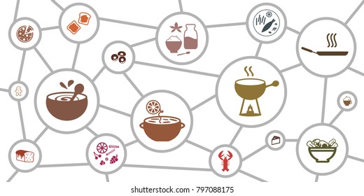 vector illustration of scheme with kitchen tools pots and bowls for cooking tips and options