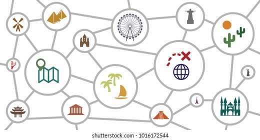 vector illustration of scheme with location and activities spots for travelers and touristic routes and planning visualization concepts