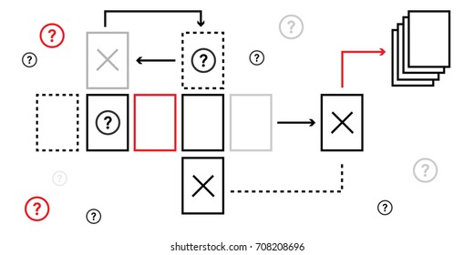 vector illustration of scheme and models with cards or frames and arrows showing relation between objects in simple black and white style