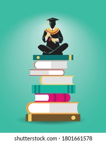 Vector illustration of a scholar sit on pile of big books