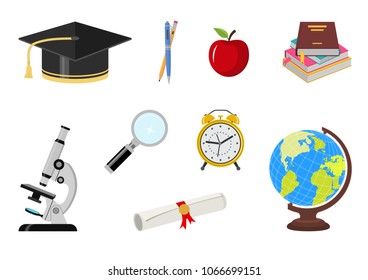 Vector illustration. School accessories set with graduation hat , microscope, alarm clock, stationery, scroll, globe.