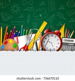 Vector illustration of School background with school supplies and empty paper
